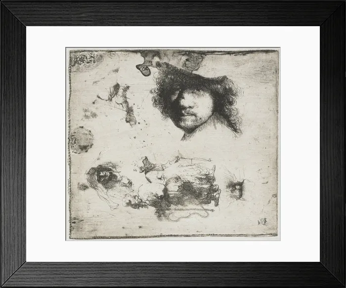 Framed Print : Study Sheet: Self-portrait, a Few Beggars, Head of Old Man and a Woman, by Rembrandt van Rijn, 1630-34, Dutch print, etching on paper (BSLOC_2016_3_26)