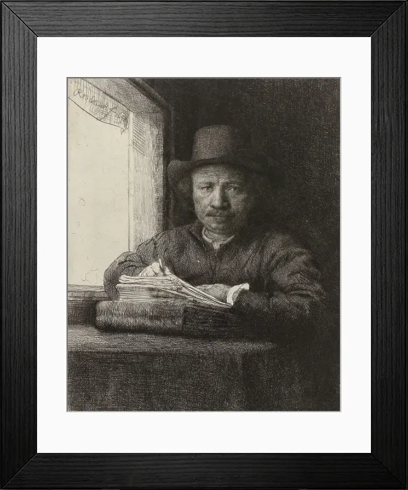 Framed Print : Self-portrait of Rembrandt, Etching at a Window, by Rembrandt, 1648, Dutch print, etching on paper. 42 year old Rembrandt drawing on a copperplate from his reflection in a mirror
