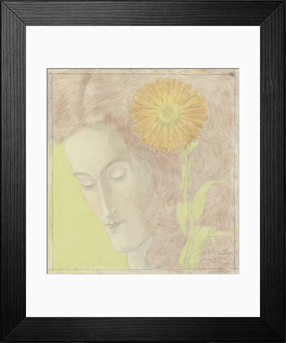 Framed Print : Woman's Head With Reddish Hair and Chrysanthemum, by Jan Toorop, 1896, Dutch drawing. Pencil and chalk on paper Framed Print : Woman's Head With Reddish Hair and Chrysanthemum, by Jan Toorop, 1896, Dutch drawing. Pencil and chalk on paper