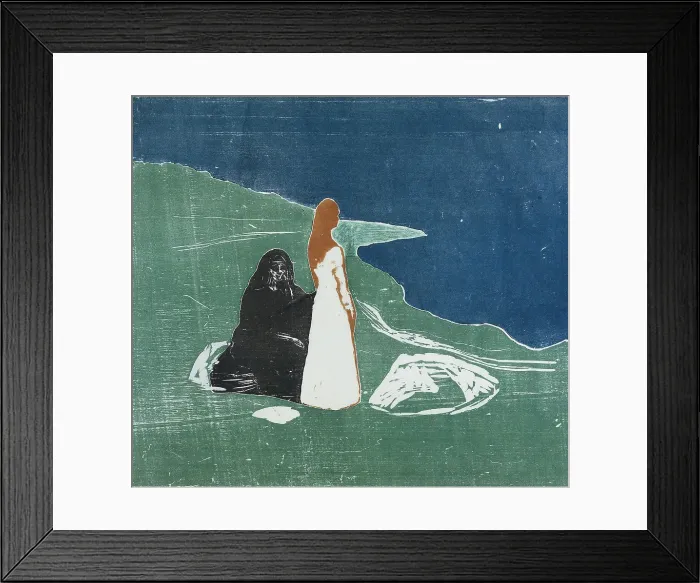 Framed Print : Two Women at the Seashore, by Edvard Munch, 1898, Norwegian print, color woodcut