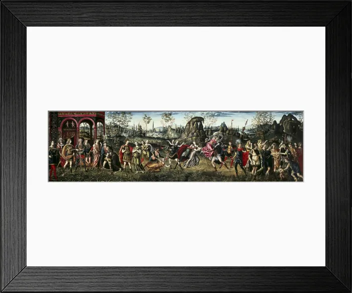 Framed Print : PERUZZI, Baldassare Tommaso (1481-1536). The Rape of the Sabines. ca. 1500. On the left side, Romulus awarded a raped woman. On the right side, peace between Romans and Sabines