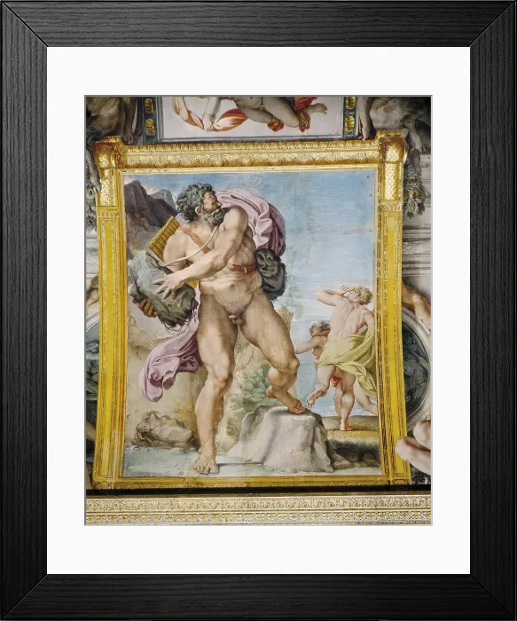 Framed Print : CARRACCI, Agostino (1557-1602); CARRACHE, Annibale. The Galleria Farnese. 1597-1602. ITALY. Rome. Farnese Palace. Detalle. El ciclope Polifemo lanza furioso una roca del Etna