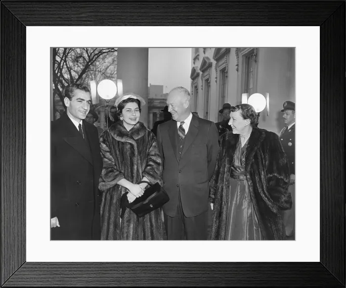 Framed Print : Shah of Iran and Queen Soraya are welcomed to the White House by President and Mamie Eisenhower. Dec. 13, 1954