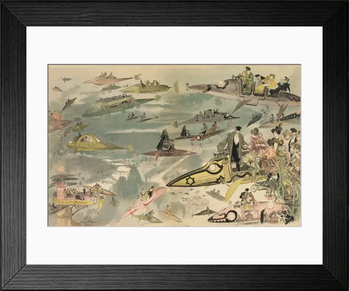 Framed Print : Futuristic view of air travel over Paris as people leave the Opera. The imagined aircraft include buses and limousines with police patrolling the skies and women pilots