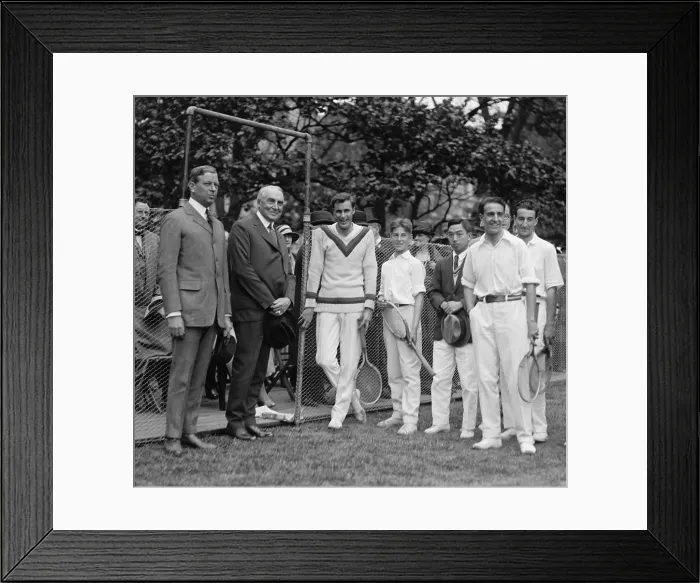 Framed Print : President Warren Harding stands next to tennis champion Bill Tilden, May 11, 1923. Second from right is Spanish Tennis player Manuel Alonso. White House Tennis Court
