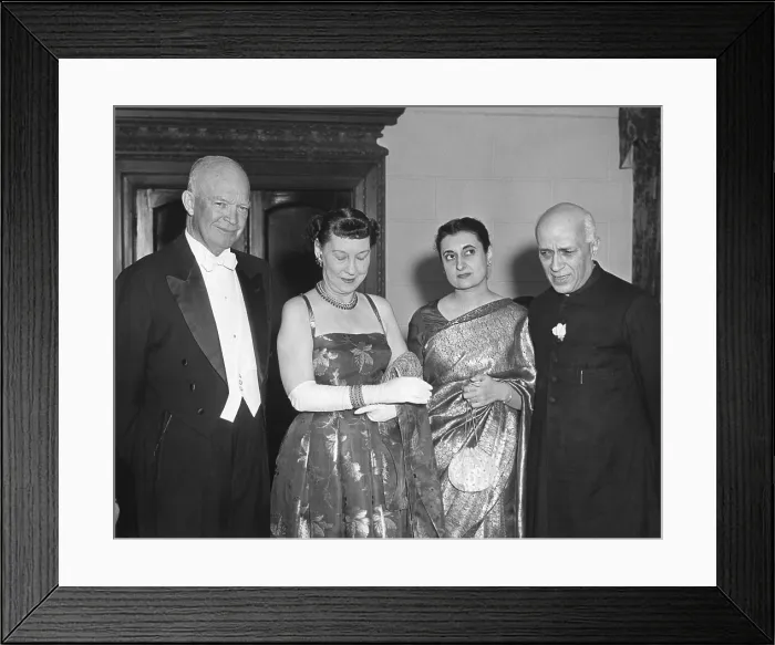 Framed Print : President and Mamie Eisenhower with Indira Gandhi and Jawaharlal Nehru. Nehru gave a dinner in honor of the President and First Lady at the Indian Embassy on Dec. 19, 1956