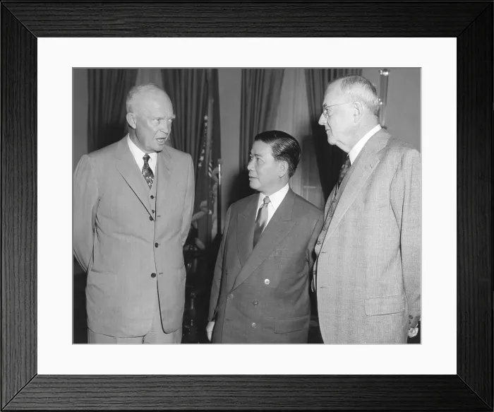Framed Print : President Eisenhower and John Foster Dulles with Vietnam President Ngo Dinh Diem in the Oval Office. May 9, 1957. - (BSLOC_2014_16_213)