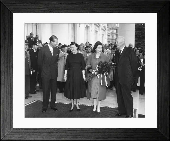 Framed Print : President and Mamie Eisenhower welcome Queen Elizabeth II and Prince Philip. At the White House North Portico. Oct. 17, 1957. - (BSLOC_2014_16_214)