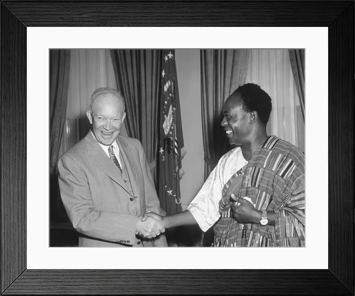 Framed Print : President Eisenhower with Kwame Nkrumah, President of Ghana. Nkrumah is wearing a traditional garment made of Kente Cloth. July 24, 1958. Oval Office - (BSLOC_2014_16_219) Framed Print : President Eisenhower with Kwame Nkrumah, President of Ghana. Nkrumah is wearing a traditional garment made of Kente Cloth. July 24, 1958. Oval Office - (BSLOC_2014_16_219)