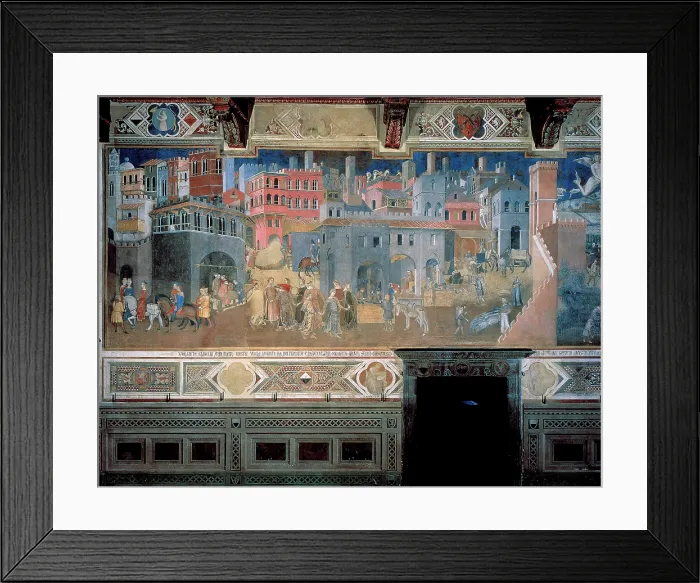 Framed Print : Lorenzetti Ambrogio, The Effects of Good Government in the City, 1338 - 1339, 14th Century, fresco, Italy, Tuscany, Siena, Palazzo Pubblico