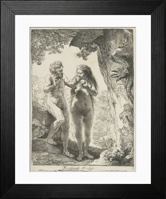 Framed Print : Adam and Eve, by Rembrandt van Rijn, 1638, Dutch print, etching on paper. Adam and Eve at the moment of their temptation are depicted with realistic bodies and ordinary faces Framed Print : Adam and Eve, by Rembrandt van Rijn, 1638, Dutch print, etching on paper. Adam and Eve at the moment of their temptation are depicted with realistic bodies and ordinary faces