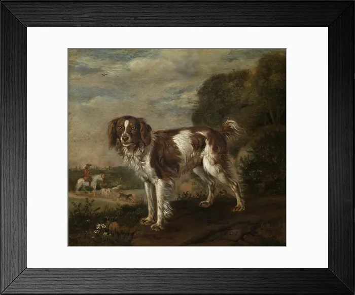 Framed Print : A Spaniel, by Paulus Potter, 1653, Dutch painting, oil on panel. A landscape with a partridge dog and a hunter on horseback with dogs in the background (BSLOC_2016_3_302) Framed Print : A Spaniel, by Paulus Potter, 1653, Dutch painting, oil on panel. A landscape with a partridge dog and a hunter on horseback with dogs in the background (BSLOC_2016_3_302)