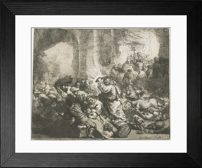 Framed Print : Christ Chases the Moneychangers from the Temple, by Rembrandt, 1635, Dutch print, etching on paper Framed Print : Christ Chases the Moneychangers from the Temple, by Rembrandt, 1635, Dutch print, etching on paper
