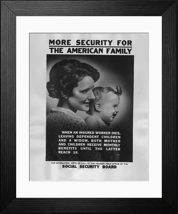 Framed Print : 1930s poster publicizing the benefits available to mothers and dependent children under the new Social Security programs