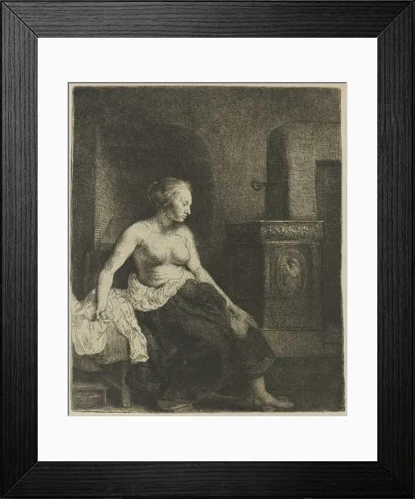 Framed Print : Woman with Naked Torso Near a Stove, by Rembrandt van Rijn, 1658, Dutch print, etching and drypoint on paper (BSLOC_2016_3_41)