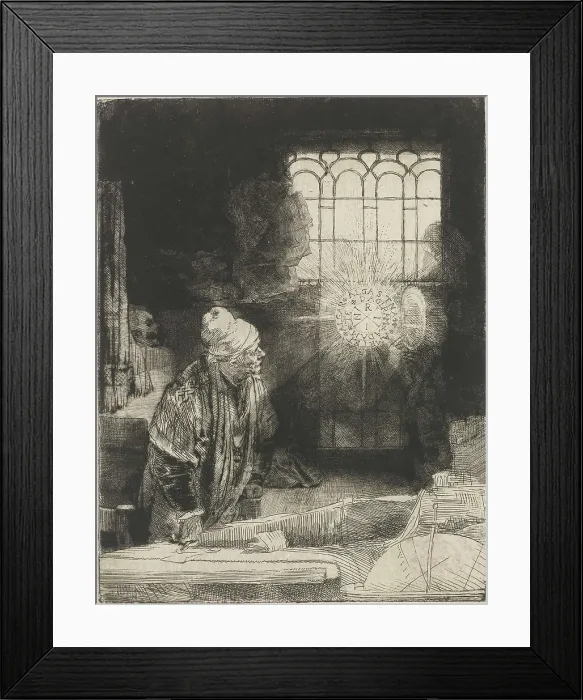 Framed Print : A Scholar in his Study, by Rembrandt van Rijn, 1650-54, Dutch print, etching on an apparition of a disc of light enclosing a series the letters INRI