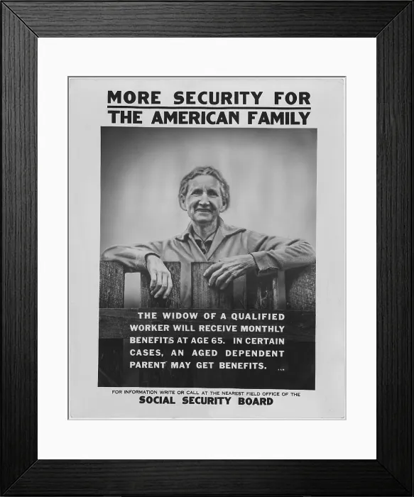 Framed Print : 1930s poster publicizing the benefits available to widows under the new Social Security programs Framed Print : 1930s poster publicizing the benefits available to widows under the new Social Security programs