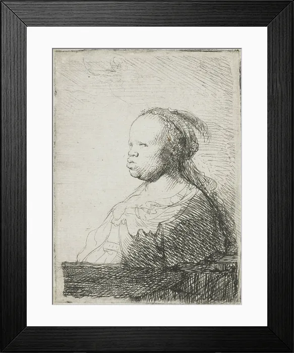 Framed Print : Bust of an African woman, by Rembrandt van Rijn, 1628-32, Dutch print, etching on paper. The woman wears a headscarf with a feather (BSLOC_2016_3_40)