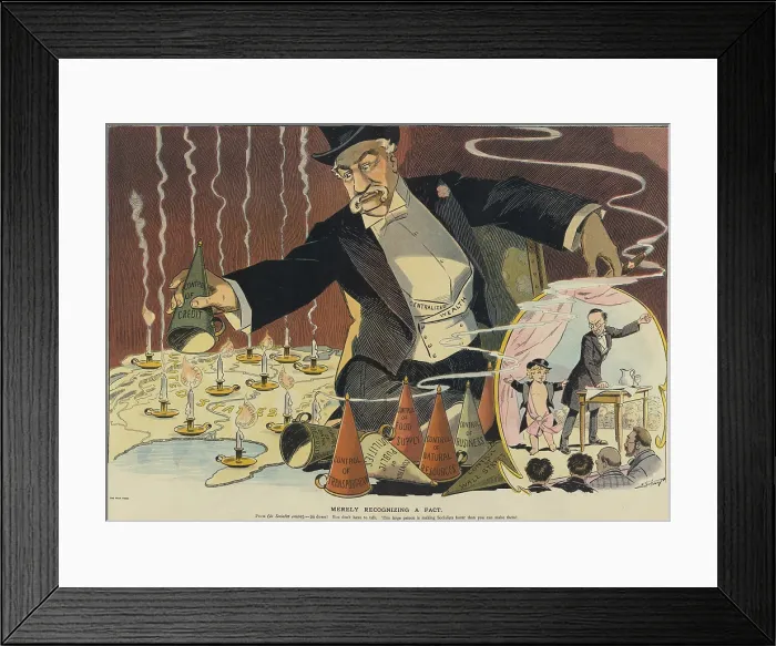 Framed Print : Cartoon depicting a giant businessman looking like J.P Framed Print : Cartoon depicting a giant businessman looking like J.P