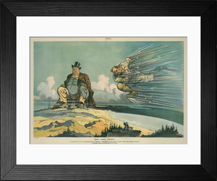 Framed Print : 1912 President Election cartoon. Theodore Roosevelt charging at incumbent President Taft seated on top of the White House Framed Print : 1912 President Election cartoon. Theodore Roosevelt charging at incumbent President Taft seated on top of the White House