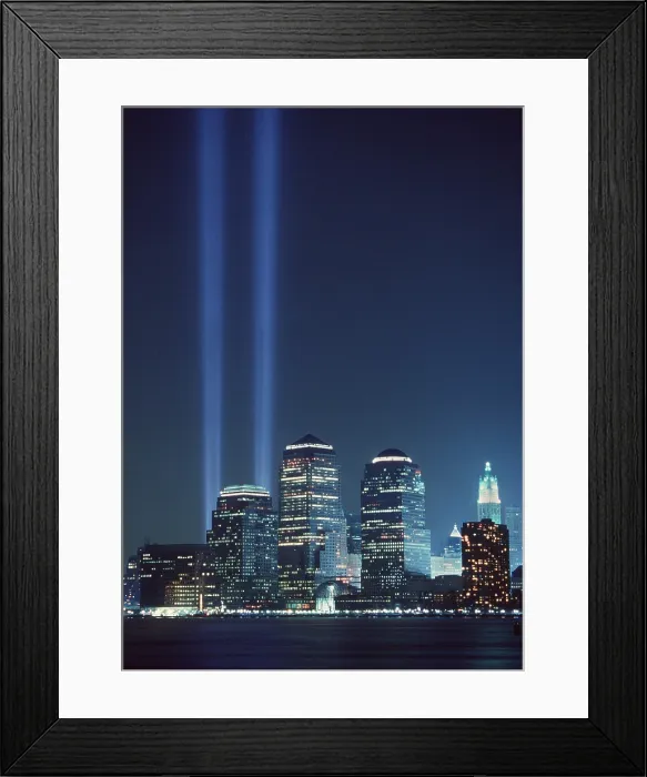 Framed Print : Tribute of Light represents the fallen twin towers of the World Trade Center on the first anniversary of the 9 / 11 terrorist attacks. Sept
