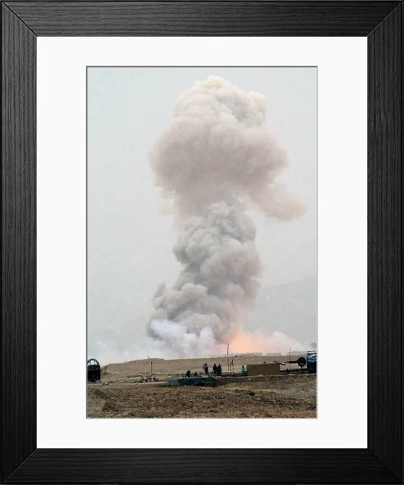 Framed Print : 3000 pounds of bombs left behind by the Soviets go up in smoke. Confiscation and destruction of weapons was a major task of U.S