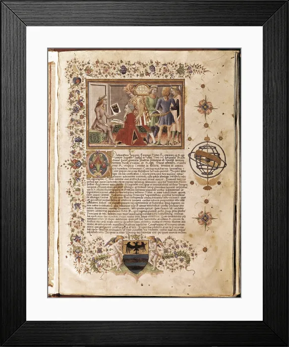Framed Print : Tabulae Astrologiae. The astronomer Giovanni Bianchini shows his work to emperor Frederick III. Renaissance art. Miniature Painting. ITALY. Ferrara