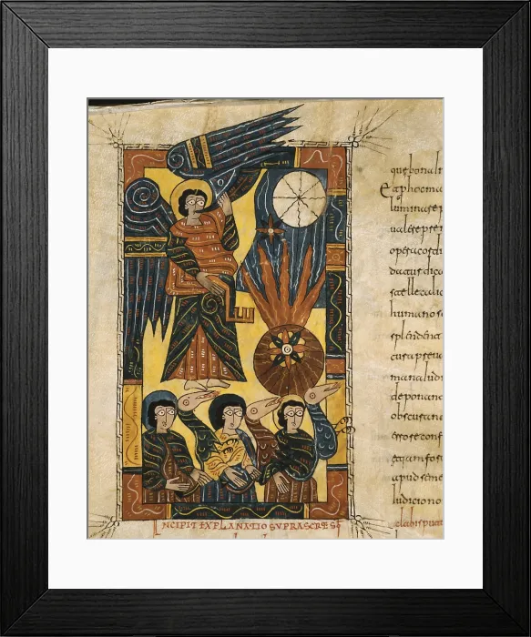 Framed Print : Escorial Beatus. 950 - 955. Cod & II. 5. Folio 95 v. The Fifth Angel plays the trumpet and a star falls to earth (Rev. IX). Codex with the Commentary on the Apocalypse of St