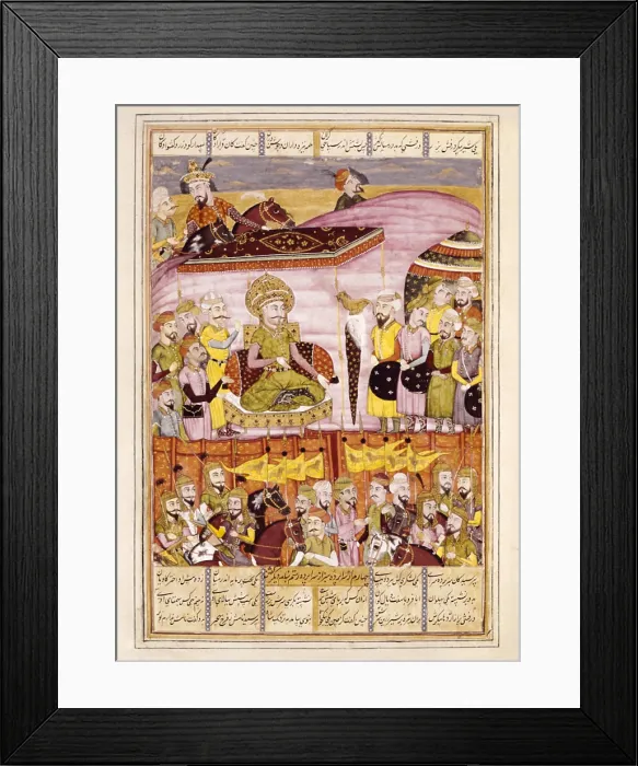 Framed Print : Shahnameh. The Book of Kings. 16th c. Sohnab turns up in Rostam's tent. 16th c. Persian art. Safavid period. Miniature Painting. FRANCE. Chantilly. Musee Conde (Conde Museum)