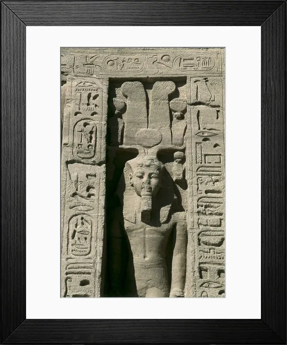 Framed Print : Temple of Nefertari dedicated to Hathor. 1271 -1256 BC. EGYPT. Abu Simbel. Entrance to the temple. Colossus depicting Nefertari with the insignia of Goddess Hathor. Egyptian art