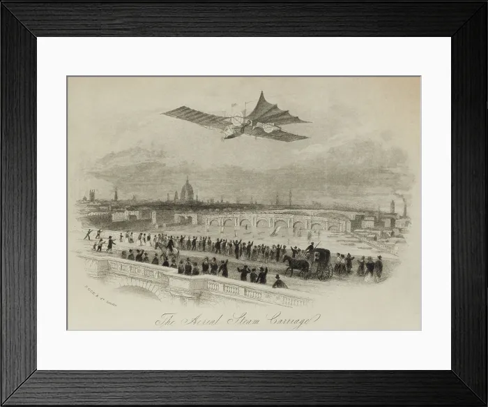 Framed Print : The aerial steam carriage proposed by British inventor William Samuel Henson in an imaginary flight over the Thames River London 1843