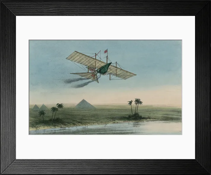 Framed Print : Ariel the first carriage of the Aerial Transit Company was a winged boat or carriage flying over the Nile River with pyramids in the background Framed Print : Ariel the first carriage of the Aerial Transit Company was a winged boat or carriage flying over the Nile River with pyramids in the background