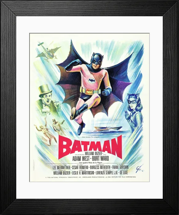 Framed Print : BATMAN, (aka BATMAN: THE MOVIE), l-r: Burgess Meredith, Adam West, Lee Meriwether on French poster art, 1966, TM and Copyright 20th Century Fox Film Corp