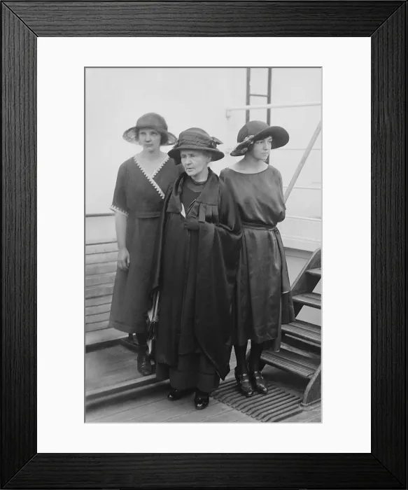 Framed Print : Marie Curie, with her daughters Irene Joliot-Curie and Eva Curie, 1921. They were on an ocean liner in New York City, ca. 1920. (BSLOC_2015_17_190)