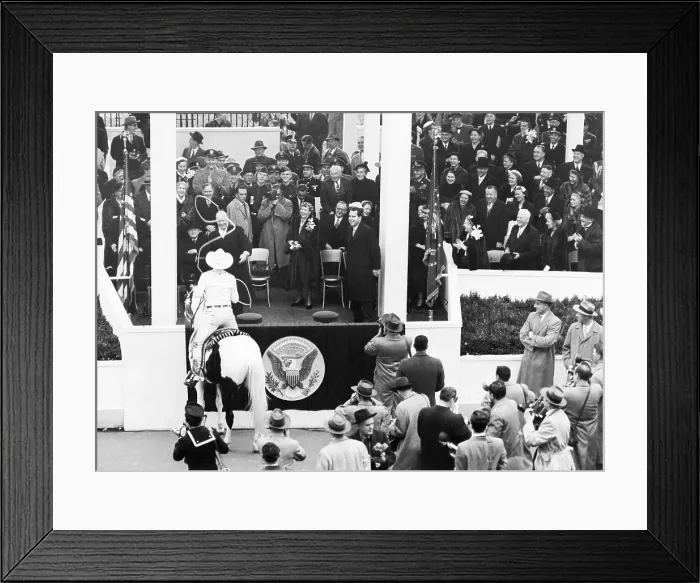 Framed Print : Cowboy Monte Montana tosses his lariat over President Dwight Eisenhower. Montana was rodeo trick rider, actor, stuntman and cowboy