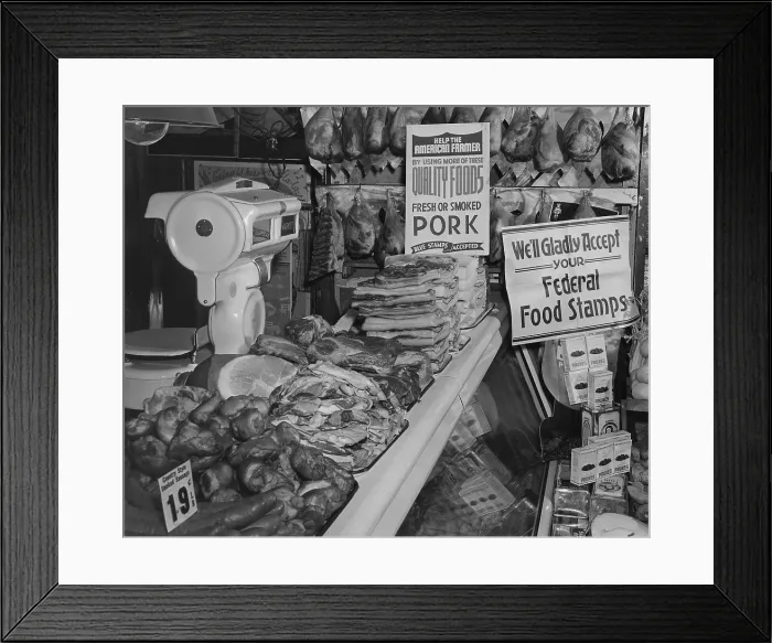 Framed Print : Food Market display welcoming Food Stamps made available to Americans on relief from 1939 to 1943. The first Food Stamp program was initiated by Sec. of Agriculture Henry Wallace Framed Print : Food Market display welcoming Food Stamps made available to Americans on relief from 1939 to 1943. The first Food Stamp program was initiated by Sec. of Agriculture Henry Wallace
