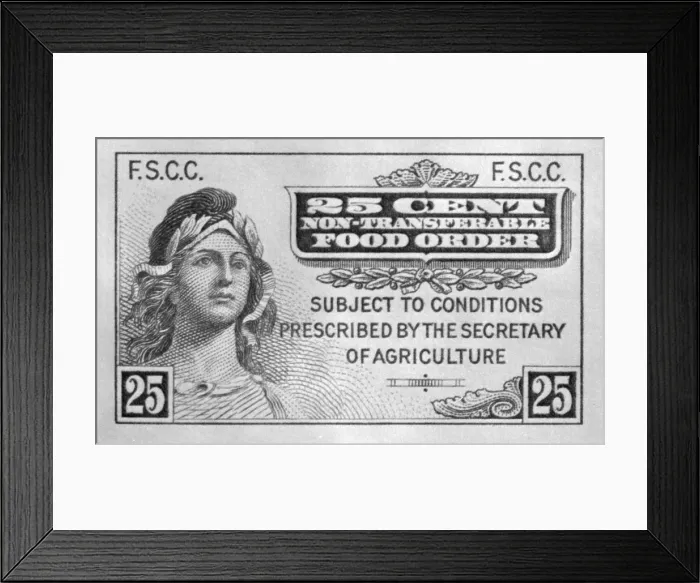 Framed Print : First Food Stamp Program operated from May 16 1939 through the Spring of 1943. The program made agricultural surpluses such as pork available to needy people at reduced prices