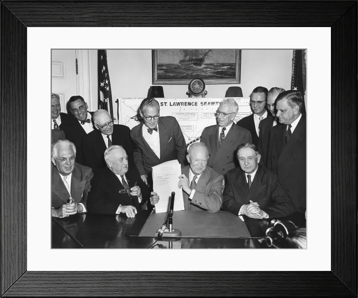 Framed Print : President Eisenhower at signs the Saint Lawrence Seaway Act of 1954. May 13, 1954. Seated L-R: Sen. Homer Ferguson; Sen. Alex Wiley; Pres. Eisenhower; Rep. George Dondero
