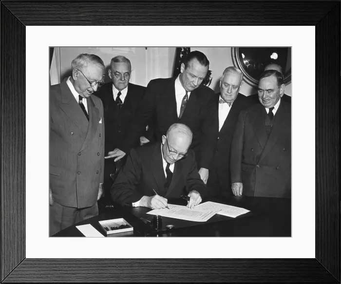Framed Print : President Eisenhower signs House Joint Resolution 159. It authorized use of armed forces for protecting Formosa, and the Pescadores. Jan. 28, 1955