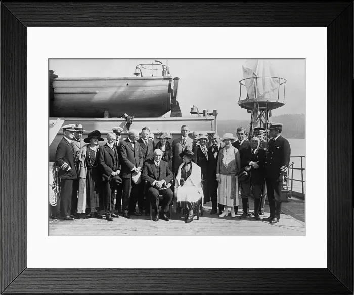 Framed Print : President Warren Harding and his party on USS Henderson during a four-day voyage to Alaska. July 4-8, 1923 Framed Print : President Warren Harding and his party on USS Henderson during a four-day voyage to Alaska. July 4-8, 1923