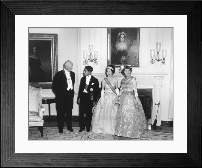 Framed Print : Crown Prince Akihito and Princess Michiko of Japan with the Eisenhowers. They pose for photographs before a State Dinner at the White House. Sept. 27, 1960 - (BSLOC_2014_16_229)