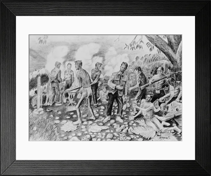 Framed Print : Drawing by POW Ben Steele, depicting sick U.S. soldiers as prisoners of war. A Japanese soldier guards the men engaged in forced labor on Tyabas Road, Philippine Islands Framed Print : Drawing by POW Ben Steele, depicting sick U.S. soldiers as prisoners of war. A Japanese soldier guards the men engaged in forced labor on Tyabas Road, Philippine Islands