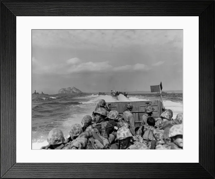 Framed Print : LCVP's (Landing Craft, Vehicle, Personnel -LCVP) or Higgins boats, approaching Iwo Jima. In the distance is Mount Suribachi. Feb. 19, 1945. World War 2. (BSLOC_2013_13_50)