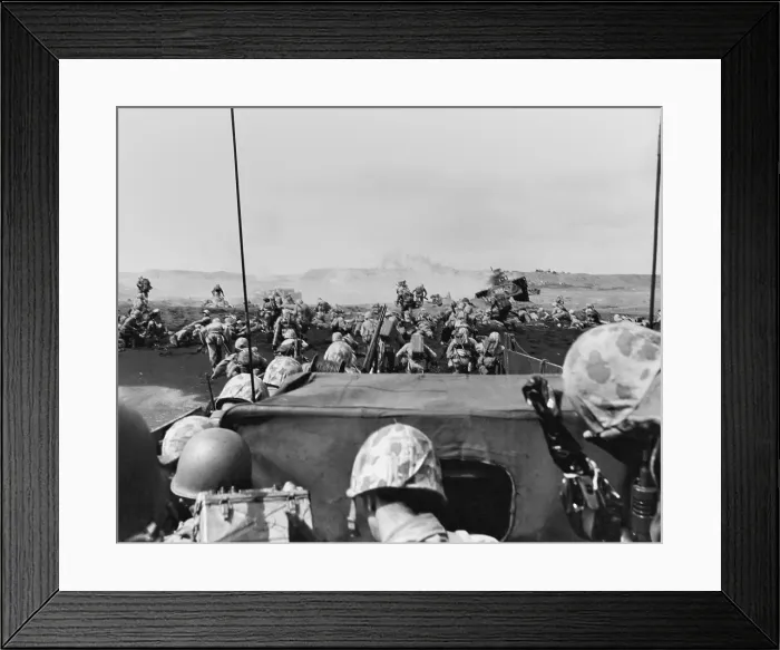 Framed Print : 5th Division Marines landing on Iwo Jima photographed from an approaching landing craft. Feb. 19, 1945. World War 2. (BSLOC_2013_13_51)