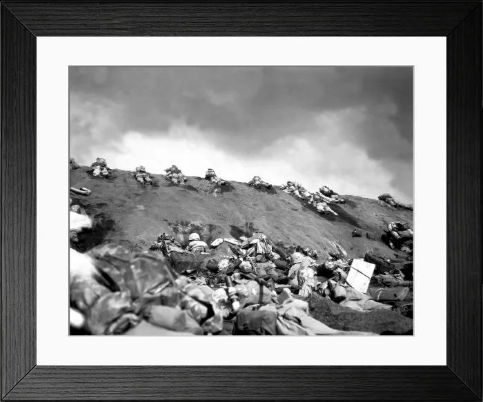 Framed Print : 5th Division Marines crawl up a slope on Red Beach No. 1 toward Mt. Suribachi on Iwo Jima. Feb. 19, 1945. World War 2. (BSLOC_2013_13_52)