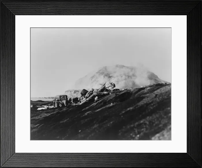 Framed Print : Second Battalion, Twenty-Seventh Marines pinned down on Iwo Jima beach. In the distance is Mount Suribachi. Feb. 19, 1945. World War 2. (BSLOC_2013_13_53)