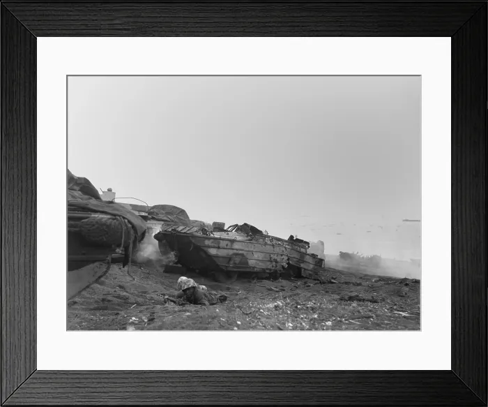 Framed Print : Two African American landing craft drivers become riflemen on Iwo Jima. Their vehicles, amphibious ducks, was destroyed on the beach, Feb. 19, 1945. World War 2 Framed Print : Two African American landing craft drivers become riflemen on Iwo Jima. Their vehicles, amphibious ducks, was destroyed on the beach, Feb. 19, 1945. World War 2