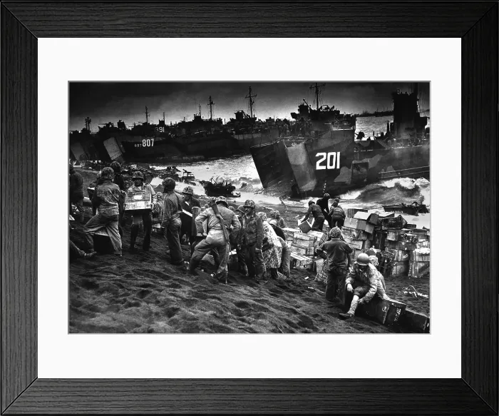 Framed Print : Landing craft delivering Marine invasion supplies to Iwo Jima. Feb. 19, 1945. World War 2. (BSLOC_2013_13_56) Framed Print : Landing craft delivering Marine invasion supplies to Iwo Jima. Feb. 19, 1945. World War 2. (BSLOC_2013_13_56)
