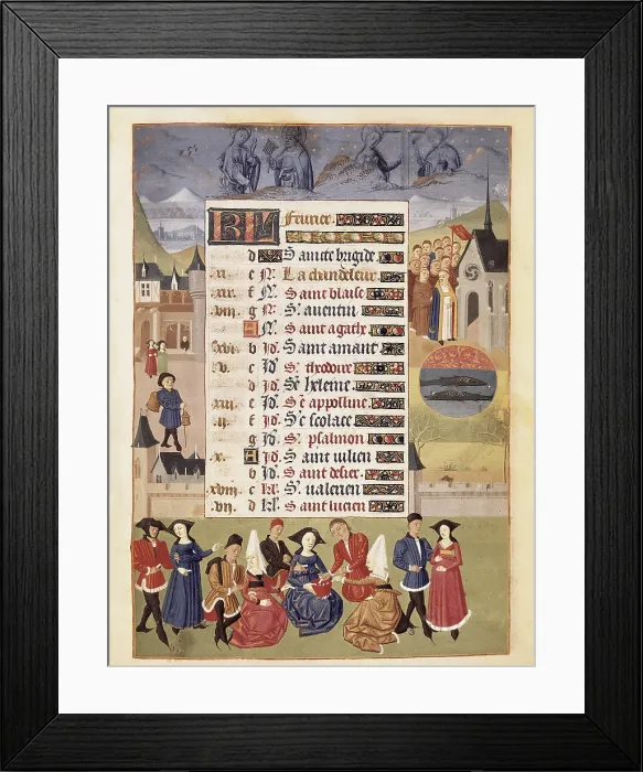 Framed Print : February. Procession and games. Gothic art. Miniature Painting. FRANCE. Chantilly. Musee Conde (Conde Museum). - BeBa / Iberfoto / Everett Collection (529985)**US SALES ONLY**
