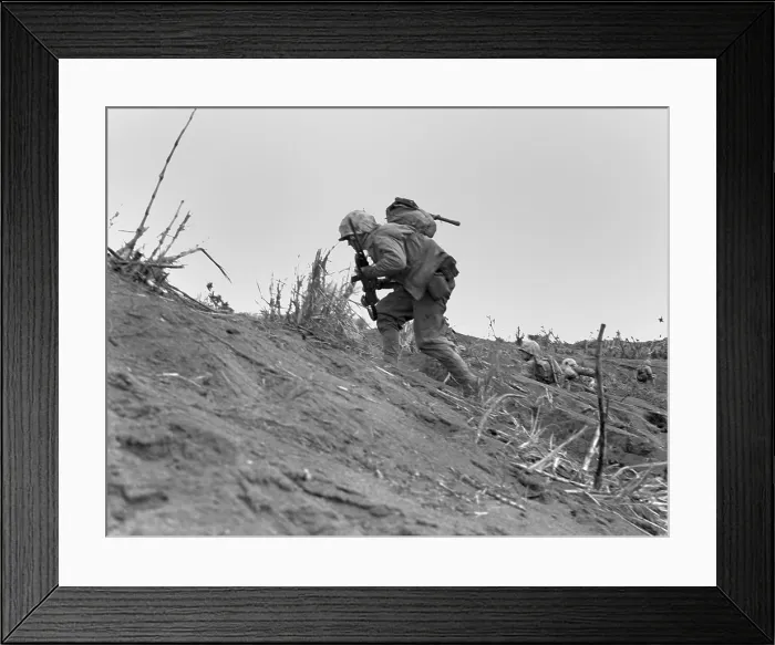 Framed Print : Marines moving near Iwo Jima's airport on Feb. 22, 1945. They are with the 5th Division, 1st Battalion, 26th Marines. Photo taken between air strip #2 and purple beach Framed Print : Marines moving near Iwo Jima's airport on Feb. 22, 1945. They are with the 5th Division, 1st Battalion, 26th Marines. Photo taken between air strip #2 and purple beach